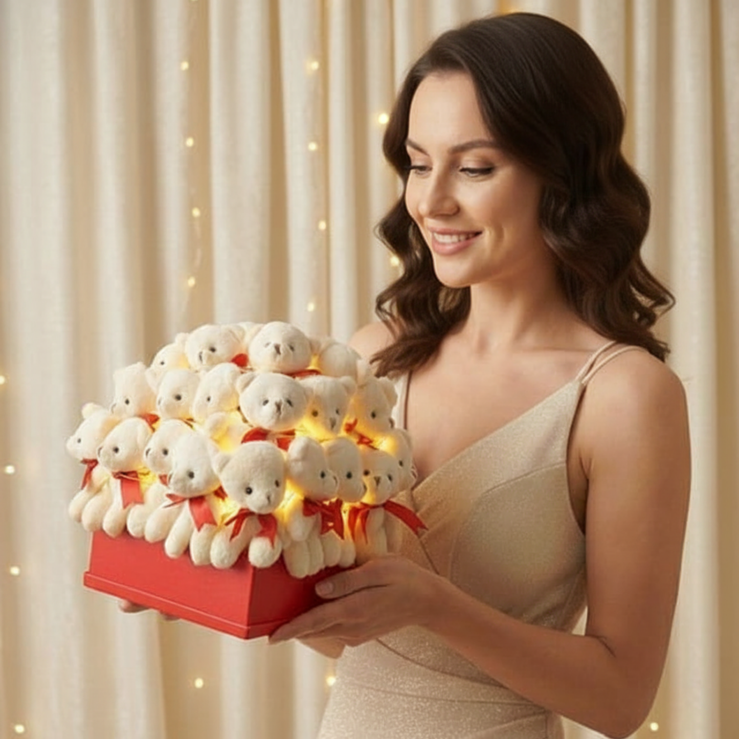 Aşka Özel Elit Set 32'li Işıltılı Aşk Tılsımı Beyaz Peluş Ayıcık Buketi