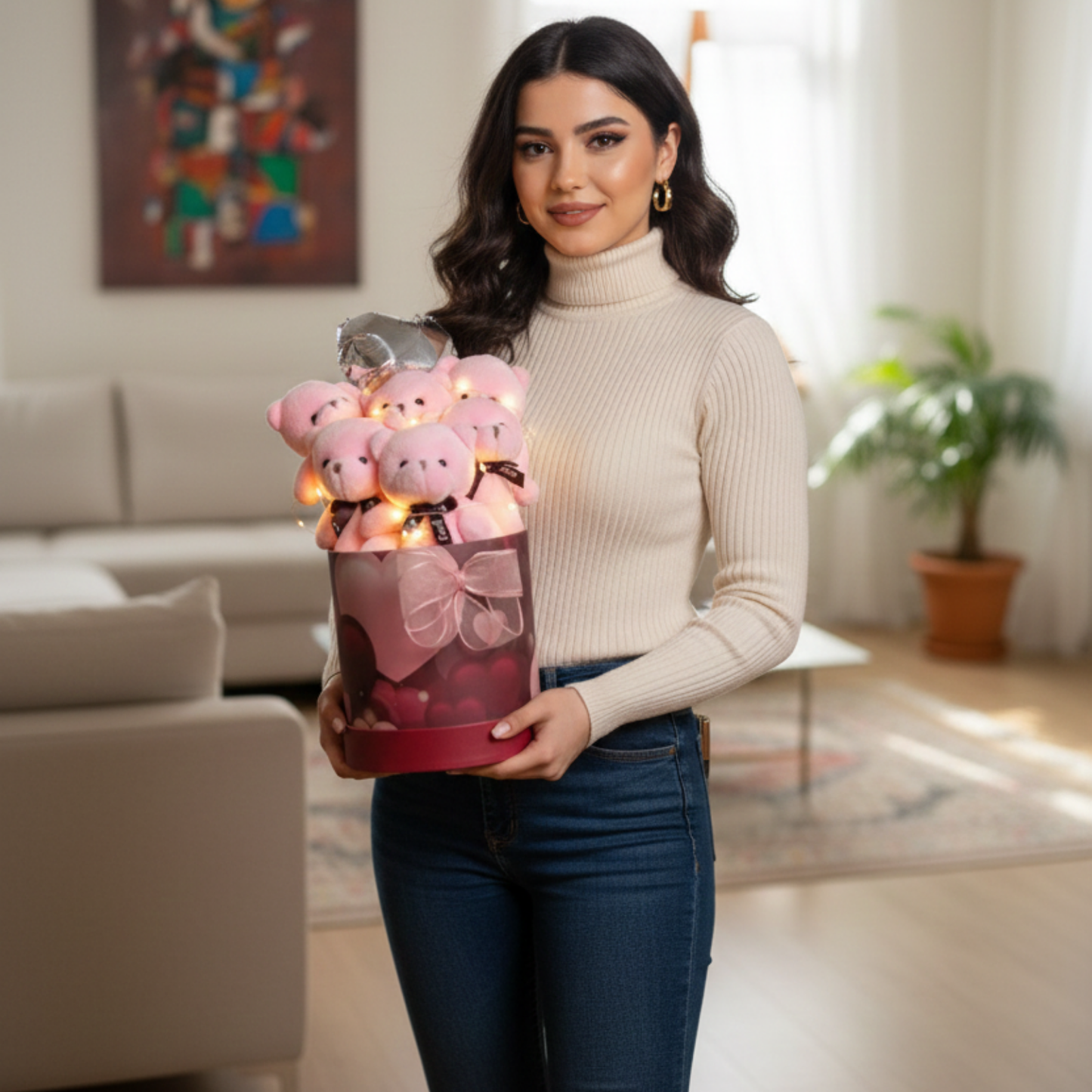 Premium Silindir Kalpli Kırmızı Kutusunda, Kalpli Balonlu LED Işıklı 6’lı Pembe Ayıcık Buketi