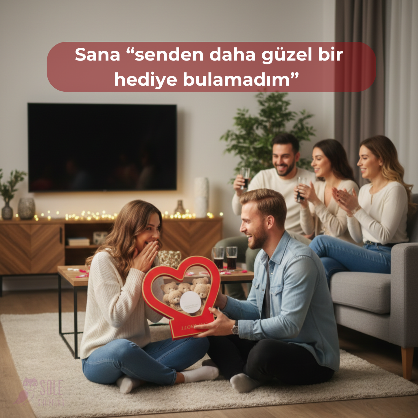 Özel Kalpli Kutuda Romantik Mesajlı Aynası ile Boz 5'li Peluş Ayıcık BuKeti