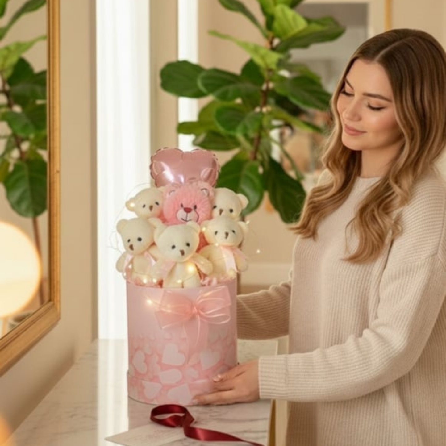 Kalpli Pembe Kutulu LED Işıklı 6’lı Beyaz Ayıcık Buketi