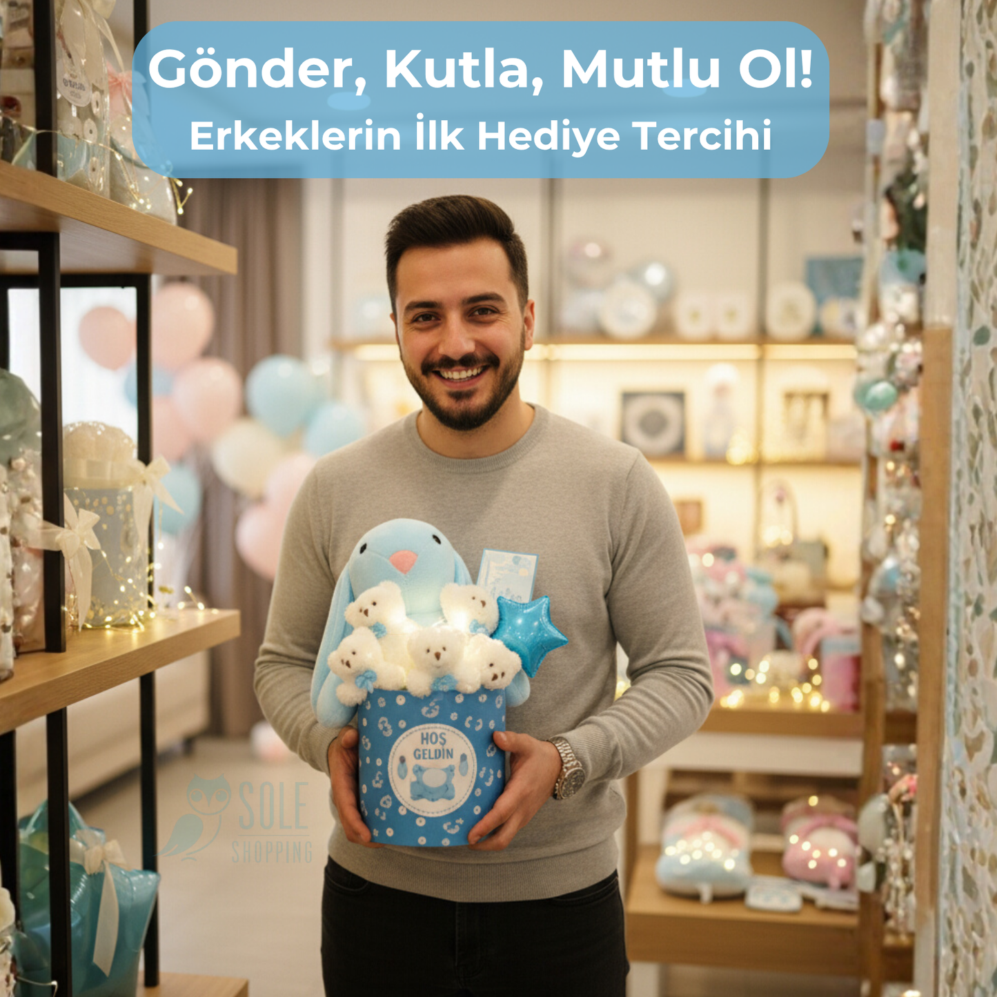 Hoşgeldin Bebek Mavi Tavşan LED'li Ayıcık Buketi Yenidoğan Babyshower ÖZEL