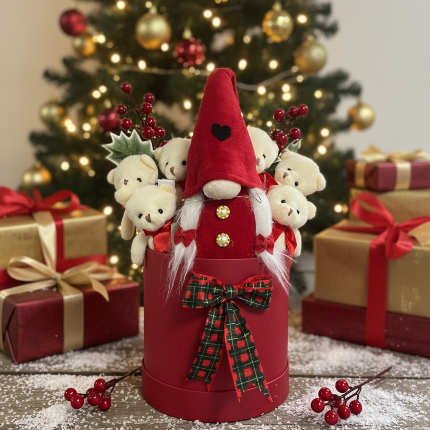 Yeniyıl KOKİNALI Işıklı Noel ELF Cüceli 6 Ayıcıklı Ayıcık Buketi