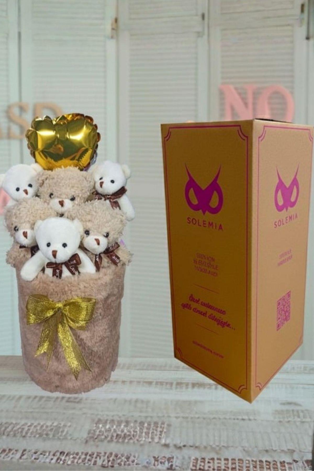 Kadınlar Gününe ÖZEL: Deluxe Krem Peluş Silindir Kutuda, Kalpli Balonlu 6’lı Boz Ayıcık Buketi - Sevdiğine Hediye