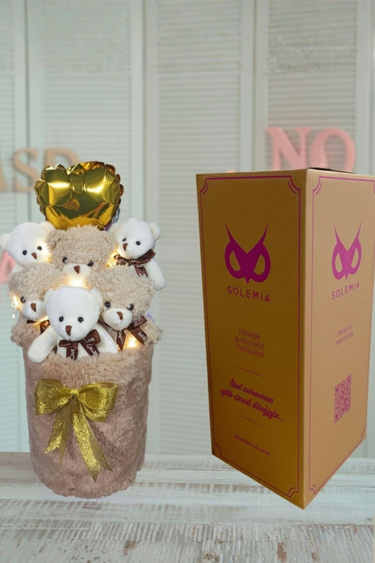 Kadınlar Gününe ÖZEL: Deluxe Krem Peluş Silindir Kutuda, LED Işıklı Kalpli Balonlu 6’lı Boz Ayıcık Buketi - Sevdiğine Hediye