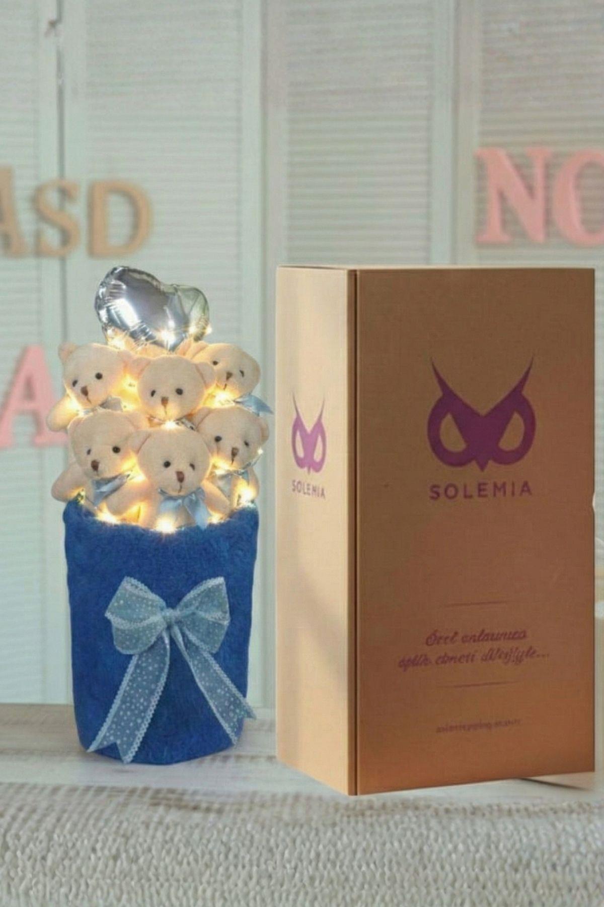Kadınlar Gününe ÖZEL: Deluxe Lacivert Peluş Silindir Kutuda, LED Işıklı Kalpli Balonlu 6’lı Lacivert Ayıcık Buketi - Sevdiğine Hediye