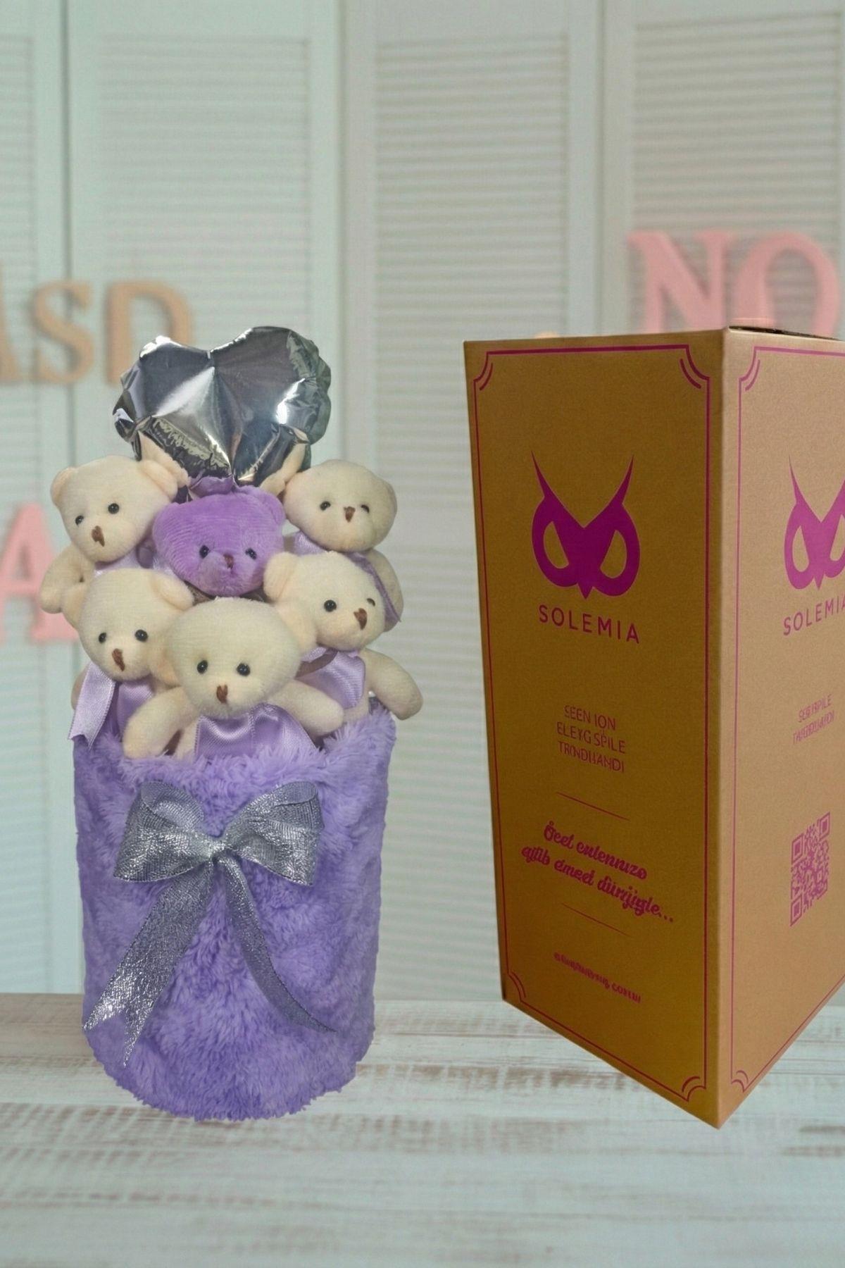 Kadınlar Gününe ÖZEL: Deluxe Lila Peluş Silindir Kutuda, Kalpli Balonlu 6’lı Lila Ayıcık Buketi - Sevdiğine Hediye