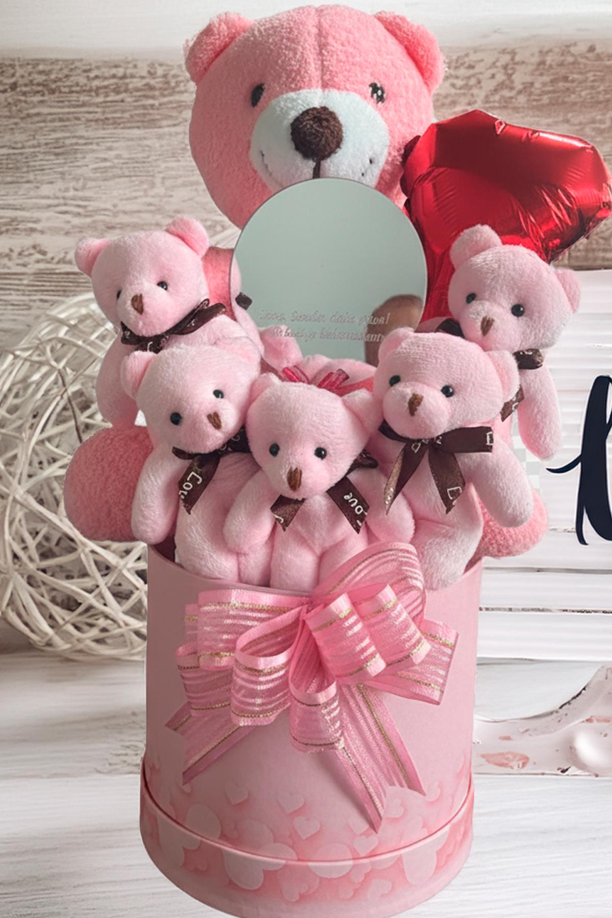 Mesajlı Ayna ve Kalpli Kutuda Pembe Delüxe Peluş Ayıcık Buketi – Romantik Hediye Seti