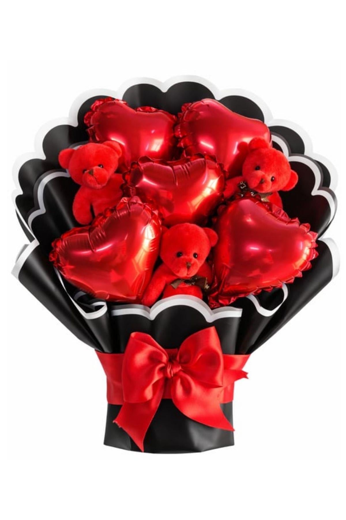 Kadınlar Günü'ne Özel: 5'li Kalp Balonlu, 3'lü Ayılı Kırmızı Ayıcık Buketi | Sevgiliye Hediye