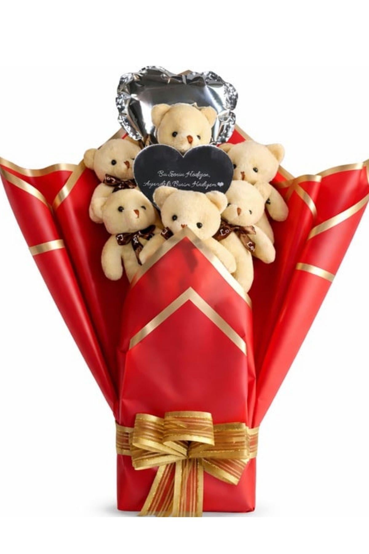Kadınlar Günü'ne Özel: Mesajlı Kalp Aynalı ve Kalp Balonlu Kırmızı Peluş 6'lı Ayıcık Buketi | Sevgiliye Özel
