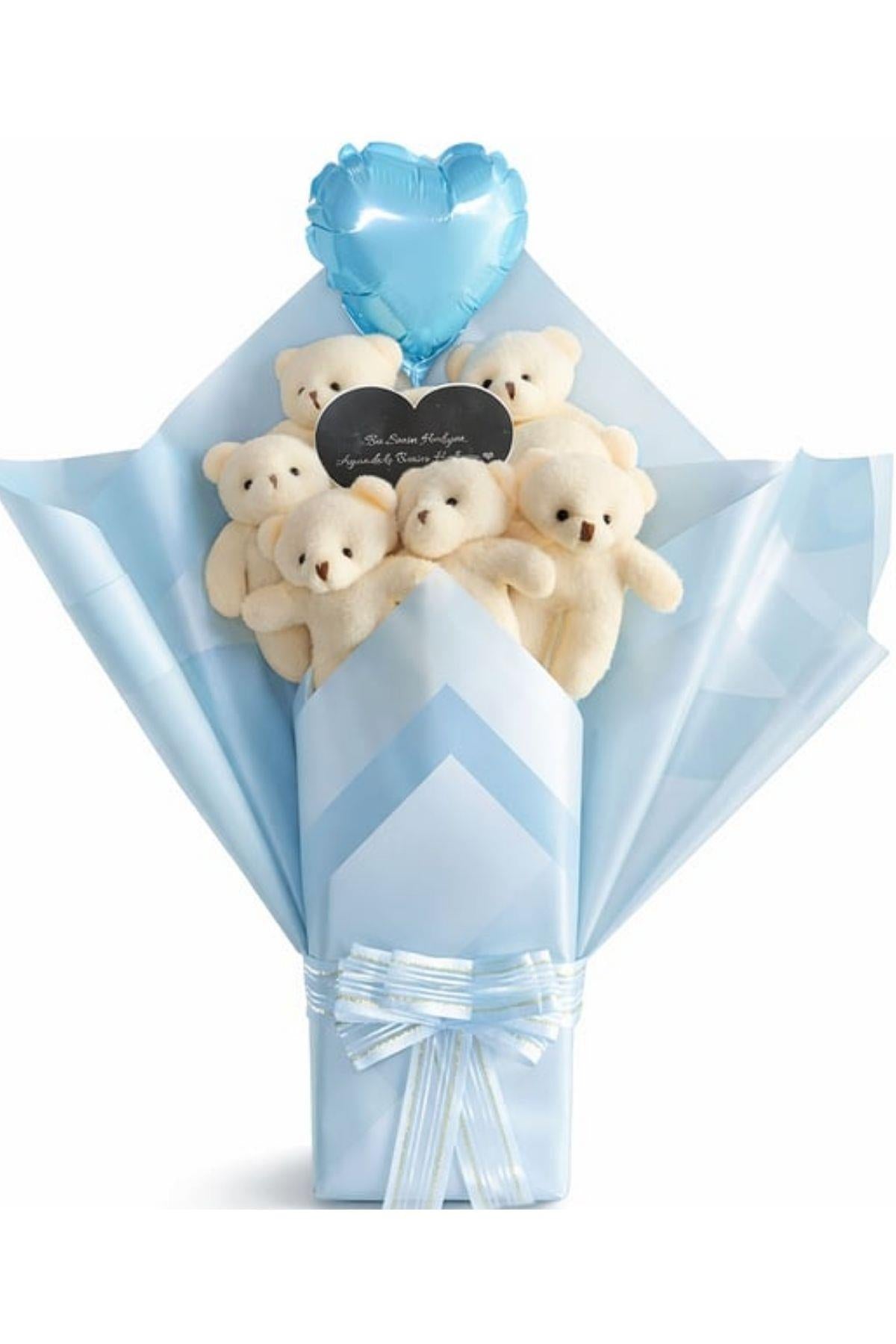 Kadınlar Günü'ne Özel: Mesajlı Kalp Aynalı ve Kalp Balonlu Mavi Peluş 6'lı Ayıcık Buketi | Sevgiliye Özel
