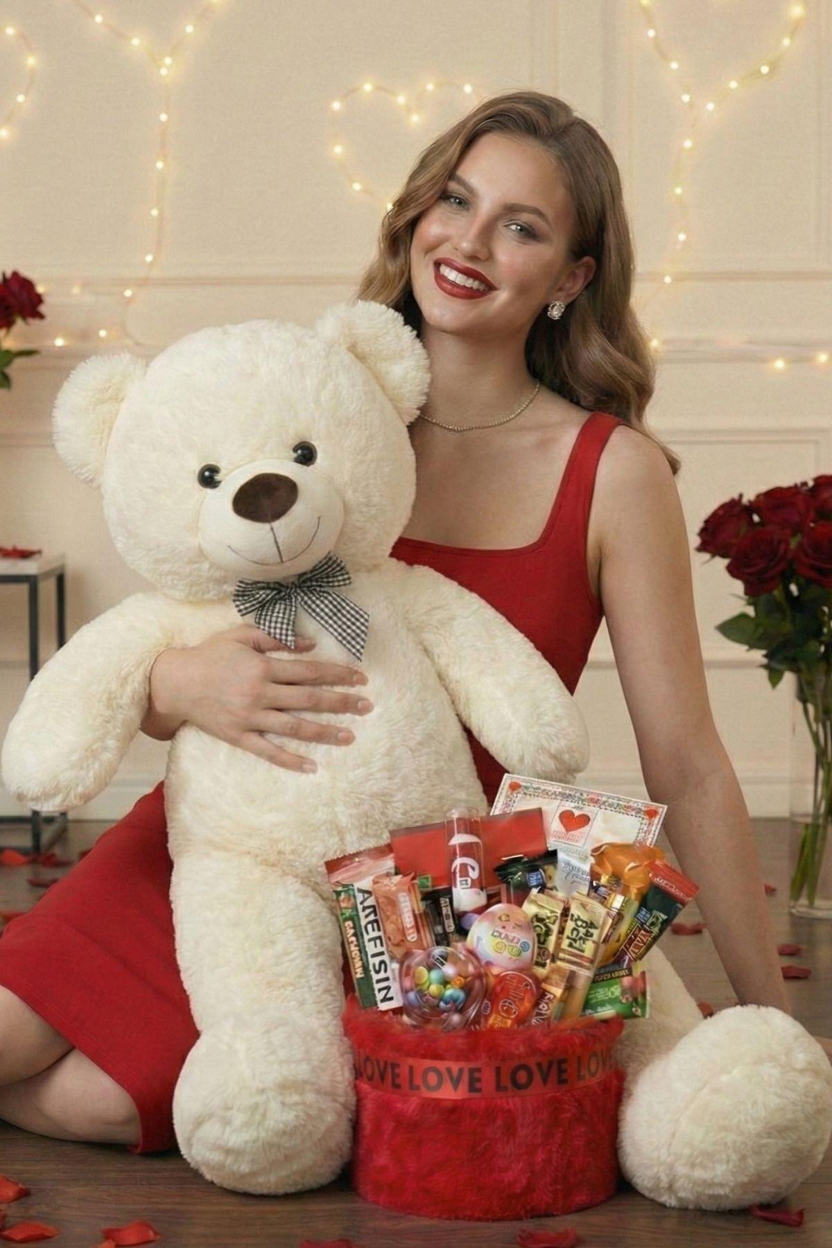 Kadınlar Günü Özel: 90 Cm Peluş Ayı Kırmızı Love Yazılı Tatlı Çikolata Sepeti Sevgiliye Hediye
