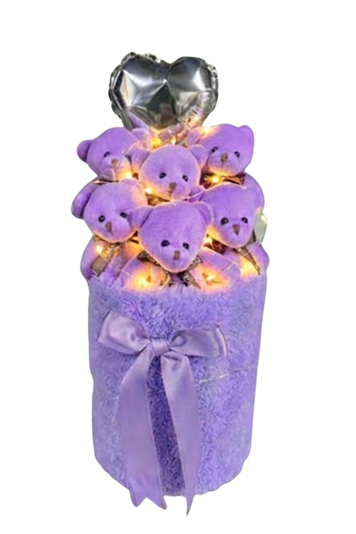 Kadınlar Gününe ÖZEL: Deluxe LED Işıklı Mor Peluş Silindir Kutuda, Kalpli Balonlu 6’lı Mor Ayıcık Buketi - Sevdiğine Hediye