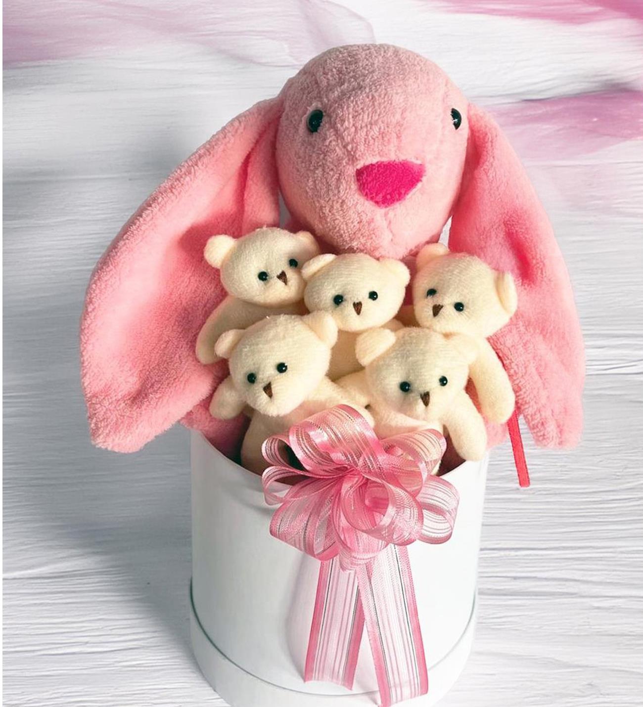 SOLE Premium Özel Hediye Kutusunda 45 cm Pembe Bunny Tavşan ve 5 Adet Krem Peluş Ayıcık Buketi