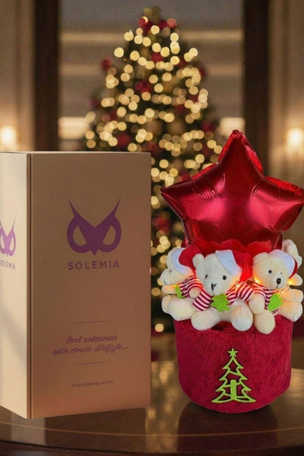 Yeniyıl ÖZEL Seri: 360° Dizilimli Büyük Yıldız Balonlu LED Işıklı Noel Ayıcık Buketi