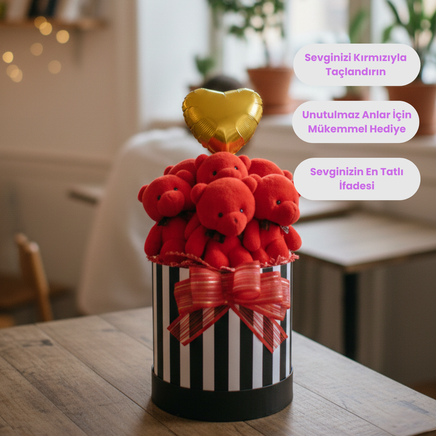 Premium Silindir Hediye Kutusunda, Kalpli Balonlu 6’lı Kırmızı Ayıcık Buketi