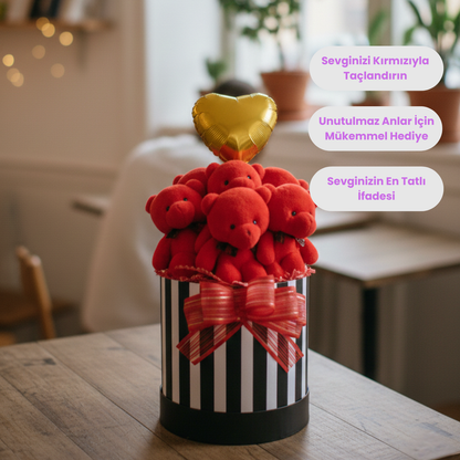 Premium Silindir Hediye Kutusunda, Kalpli Balonlu 6’lı Kırmızı Ayıcık Buketi