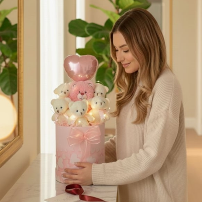 Kalpli Pembe Kutulu LED Işıklı 6’lı Beyaz Ayıcık Buketi