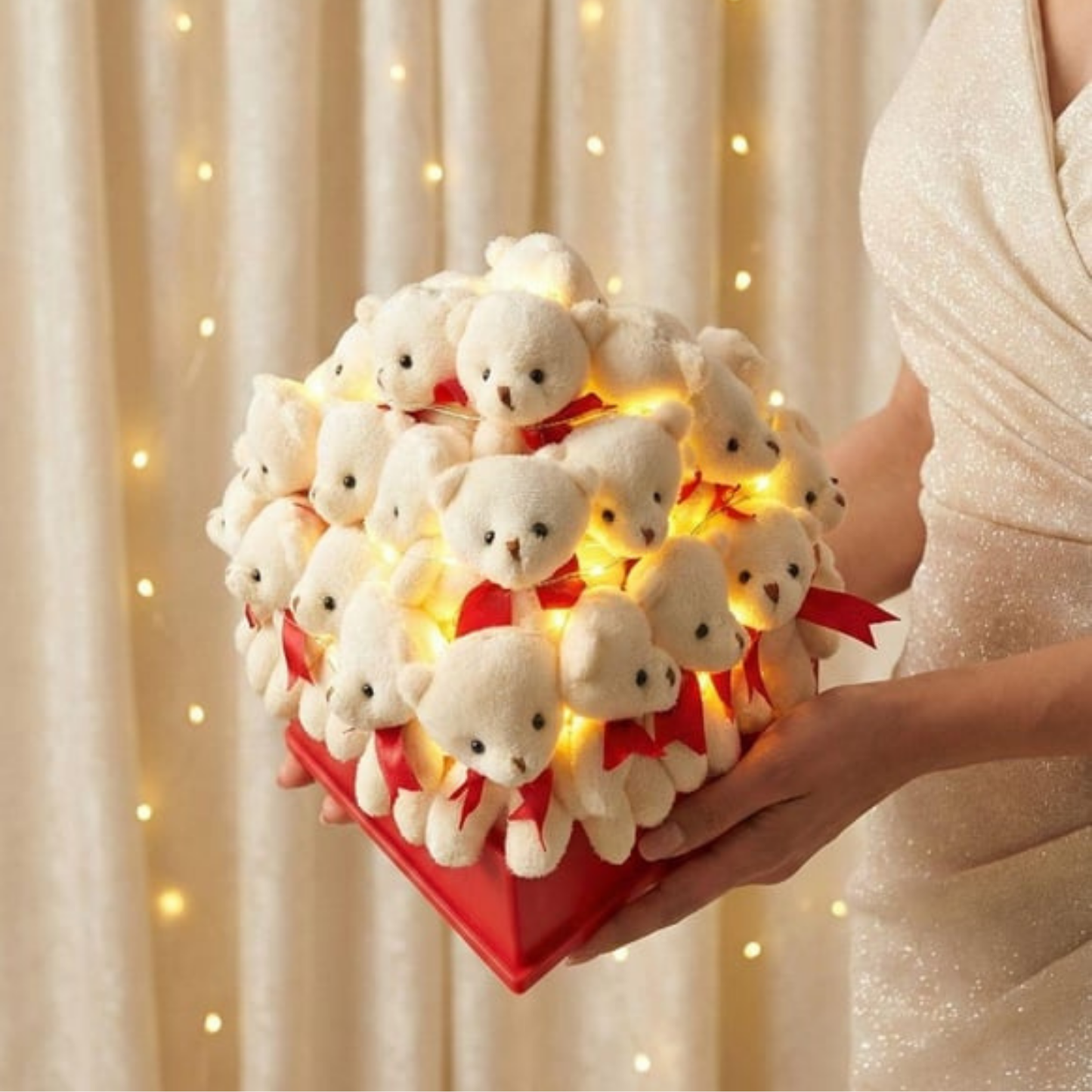 Aşka Özel Elit Set 32'li Işıltılı Aşk Tılsımı Beyaz Peluş Ayıcık Buketi