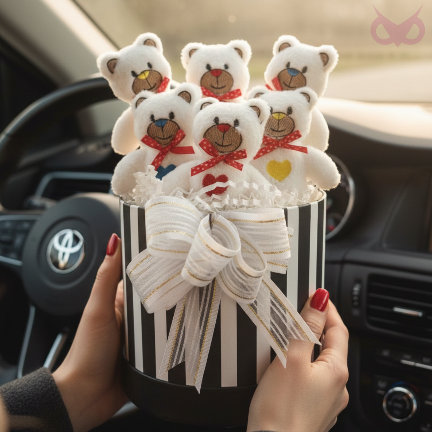 Premium Hediye 6'lı Renkli Nakışlı Peluş Beyaz Ayıcık Buketi