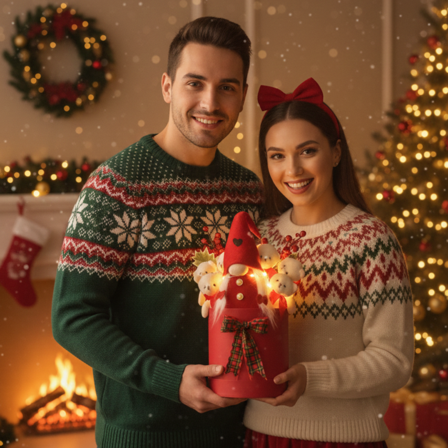 Yeniyıl KOKİNALI Işıklı Noel ELF Cüceli 6 Ayıcıklı Ayıcık Buketi