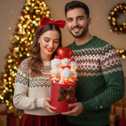 Yeniyıl Özel Yılbaşı Temalı Işıklı Balonlu ve Noel Şapkalı Ayıcık Buketi