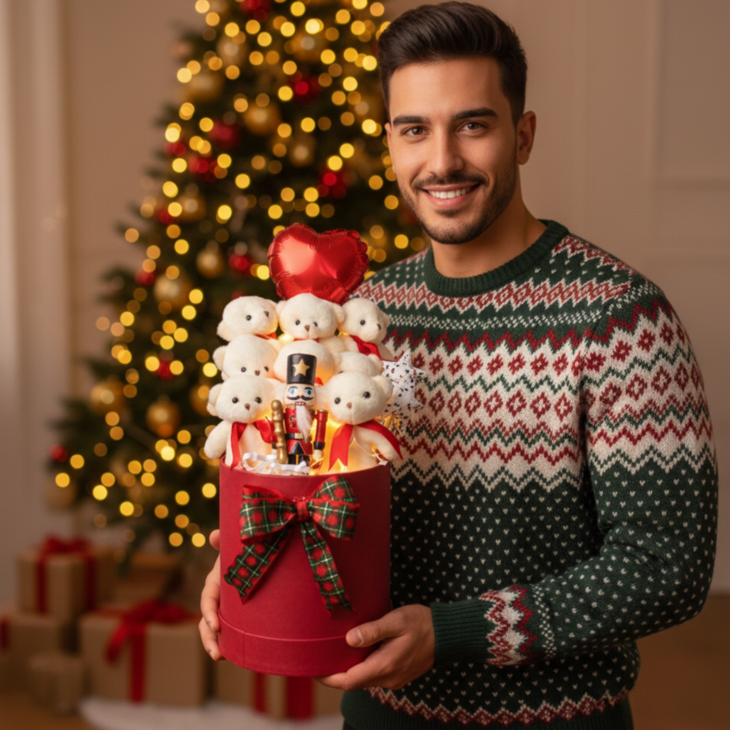 Yeniyıl Özel Işıklı Kurşun Askerli 7 Yumoş Ayıcıklı ve Noel Konsept Buketi