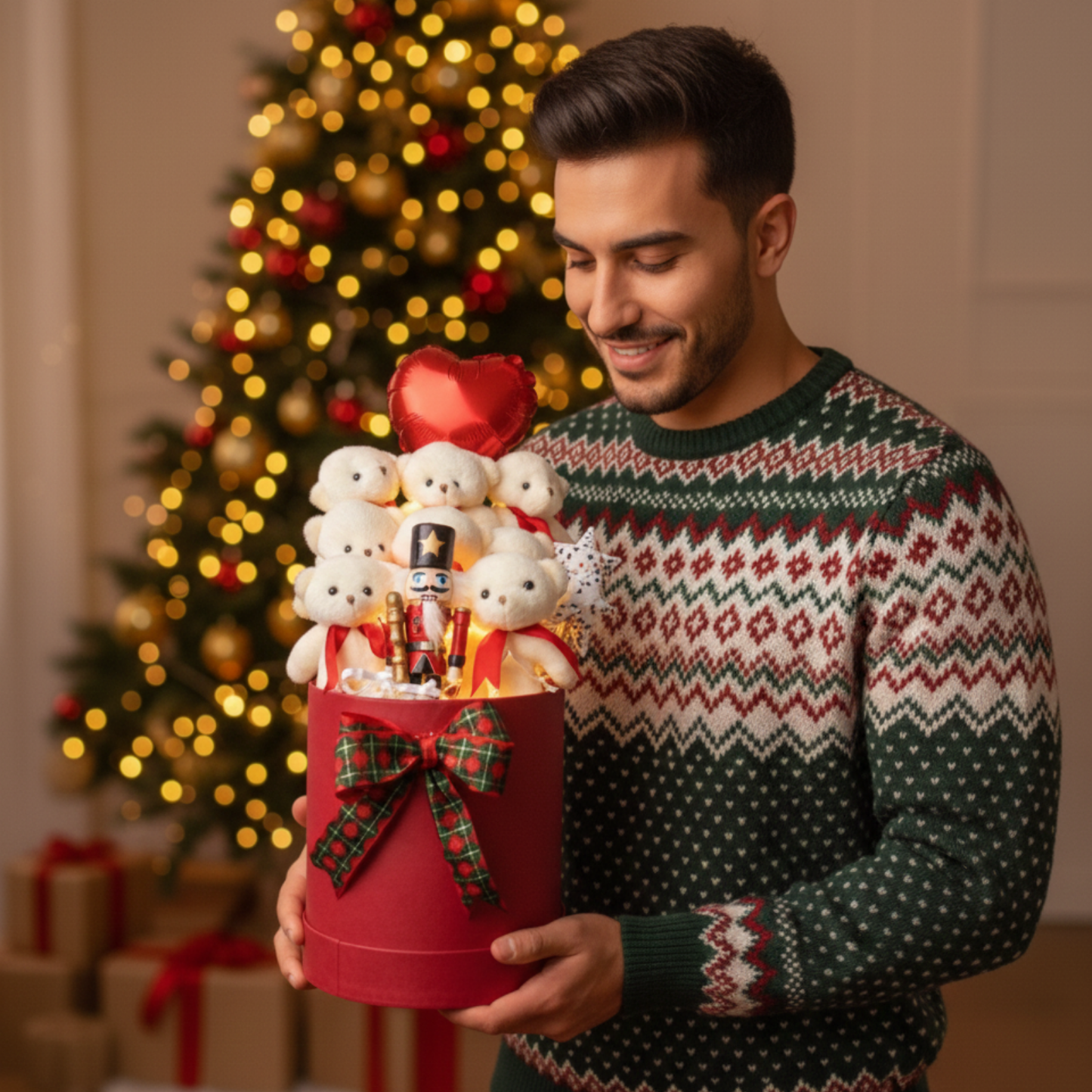 Yeniyıl Özel Işıklı Kurşun Askerli 7 Yumoş Ayıcıklı ve Noel Konsept Buketi