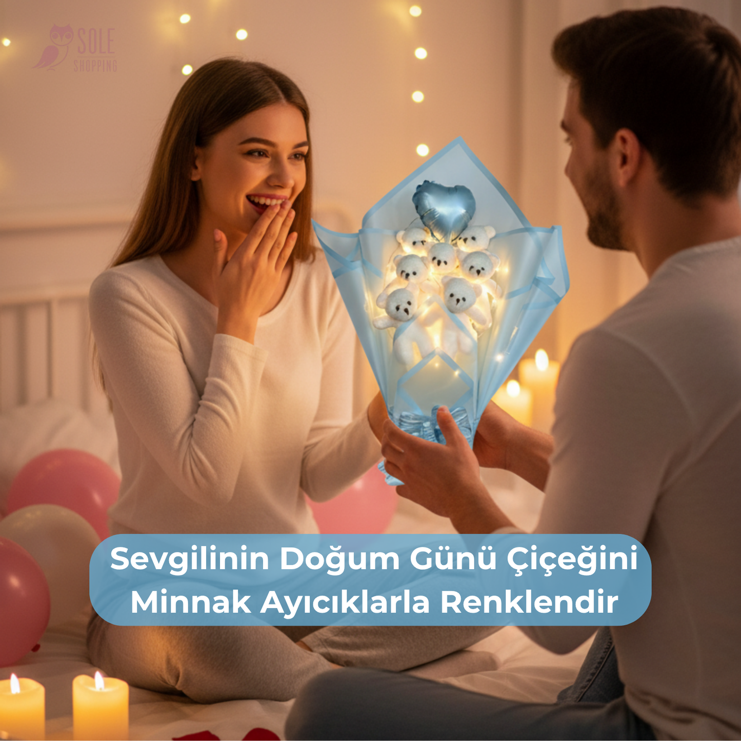 Romantik LED'li Kalp Balonlu Mavi Ayıcık Buketi Sevgililer Doğum Günü Hediyesi