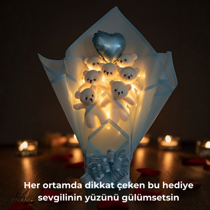 Romantik LED'li Kalp Balonlu Mavi Ayıcık Buketi Sevgililer Doğum Günü Hediyesi