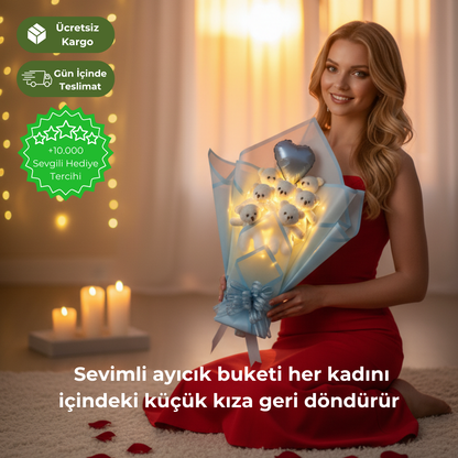 Romantik LED'li Kalp Balonlu Mavi Ayıcık Buketi Sevgililer Doğum Günü Hediyesi