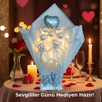 Romantik LED'li Kalp Balonlu Mavi Ayıcık Buketi Sevgililer Doğum Günü Hediyesi