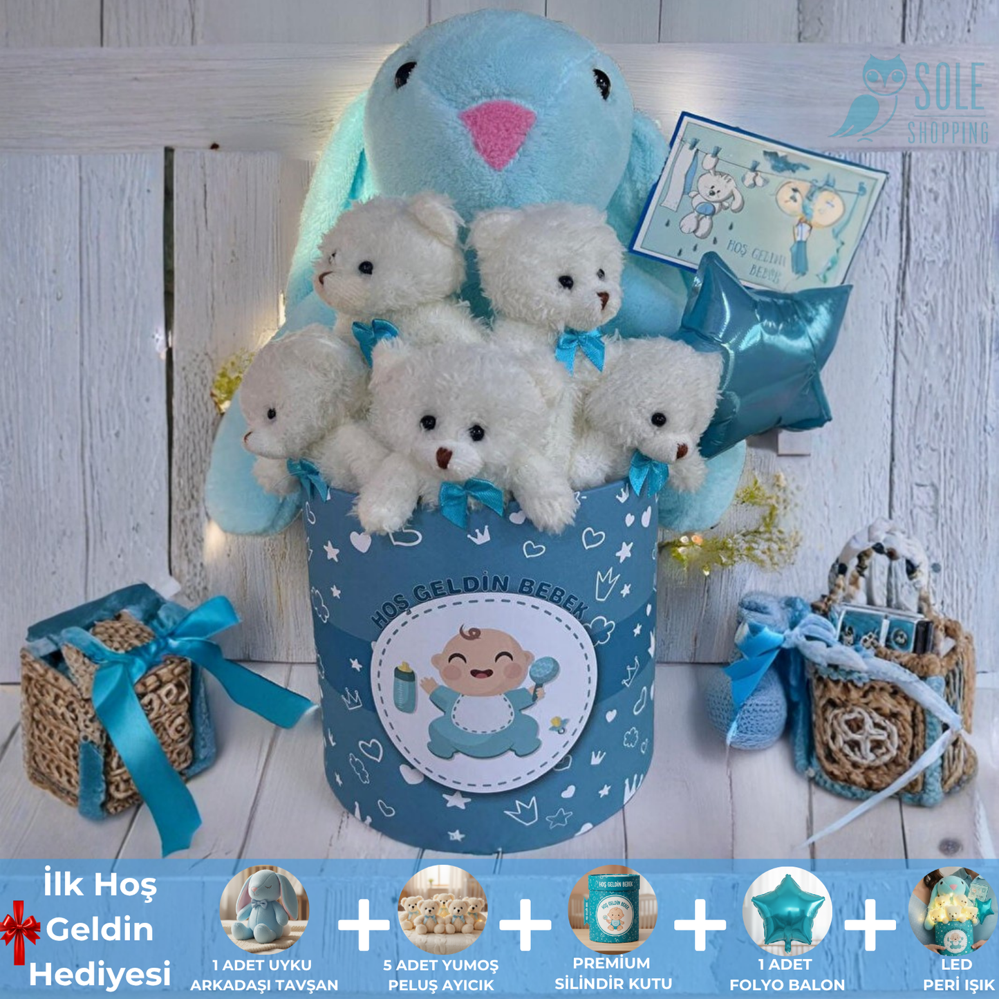 Hoşgeldin Bebek Mavi Tavşan LED'li Ayıcık Buketi Yenidoğan Babyshower ÖZEL