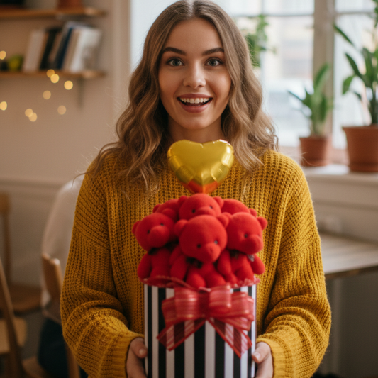 Premium Silindir Hediye Kutusunda, Kalpli Balonlu 6’lı Kırmızı Ayıcık Buketi