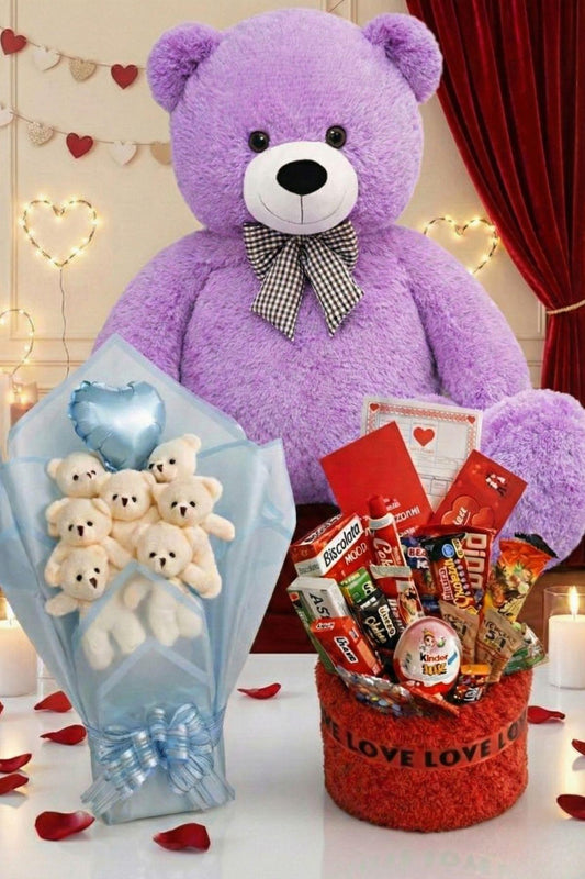3’lü Kadınlar Günü Hediye Seti | 90 Cm Peluş Ayı, Love Çikolata Sepeti & Mavi Peluş Ayıcık Buketi