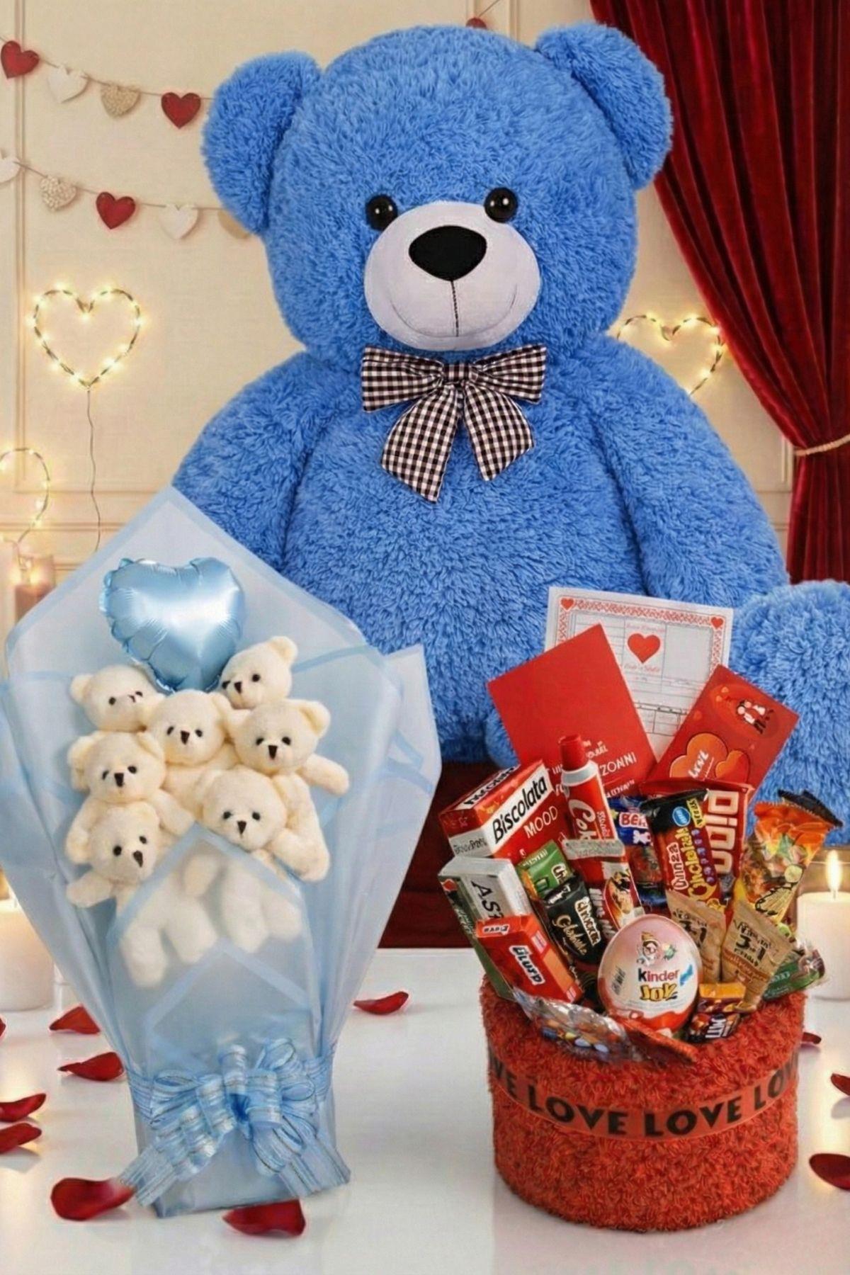 3’lü Kadınlar Günü Hediye Seti | 90 Cm Peluş Ayı, Love Çikolata Sepeti & Mavi Peluş Ayıcık Buketi