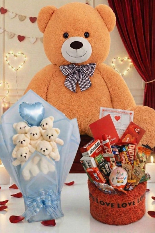 3’lü Kadınlar Günü Hediye Seti | 90 Cm Peluş Ayı, Love Çikolata Sepeti & Mavi Peluş Ayıcık Buketi