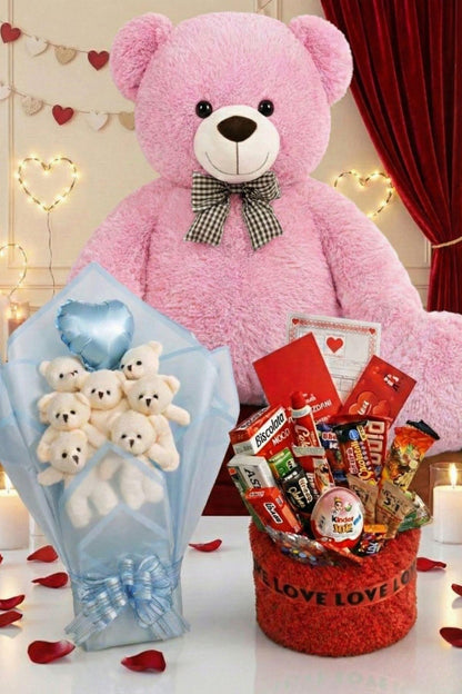3’lü Kadınlar Günü Hediye Seti | 90 Cm Peluş Ayı, Love Çikolata Sepeti & Mavi Peluş Ayıcık Buketi