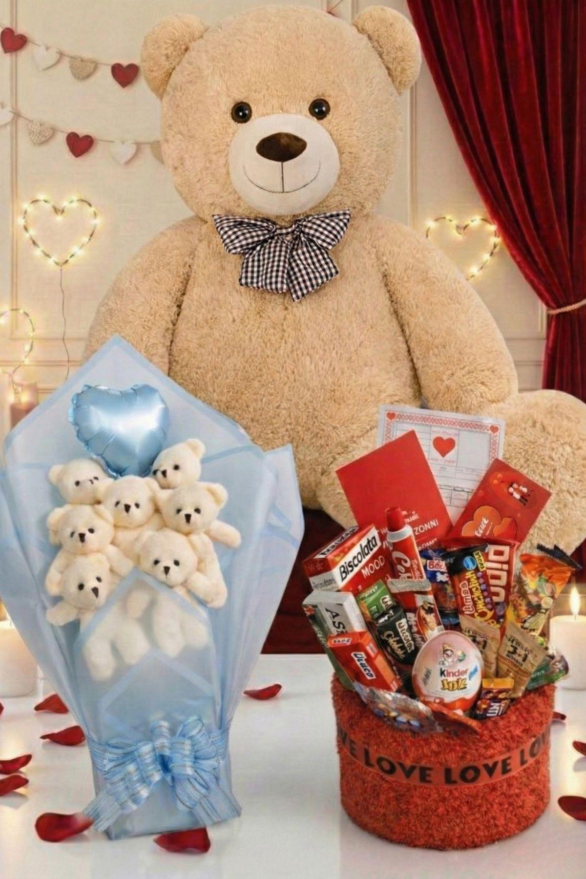 3’lü Kadınlar Günü Hediye Seti | 90 Cm Peluş Ayı, Love Çikolata Sepeti & Mavi Peluş Ayıcık Buketi