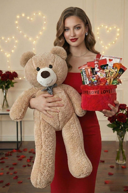 3’lü Kadınlar Günü Hediye Seti | 90 Cm Peluş Ayı, Love Çikolata Sepeti & Mavi Peluş Ayıcık Buketi