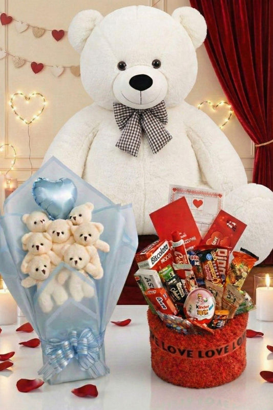 3’lü Kadınlar Günü Hediye Seti | 90 Cm Peluş Ayı, Love Çikolata Sepeti & Mavi Peluş Ayıcık Buketi