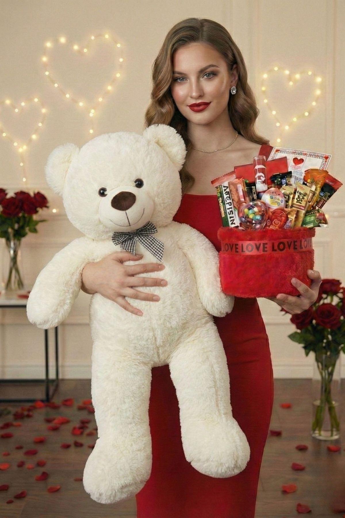 3’lü Kadınlar Günü Hediye Seti | 90 Cm Peluş Ayı, Love Çikolata Sepeti & Mavi Peluş Ayıcık Buketi