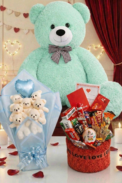 3’lü Kadınlar Günü Hediye Seti | 90 Cm Peluş Ayı, Love Çikolata Sepeti & Mavi Peluş Ayıcık Buketi