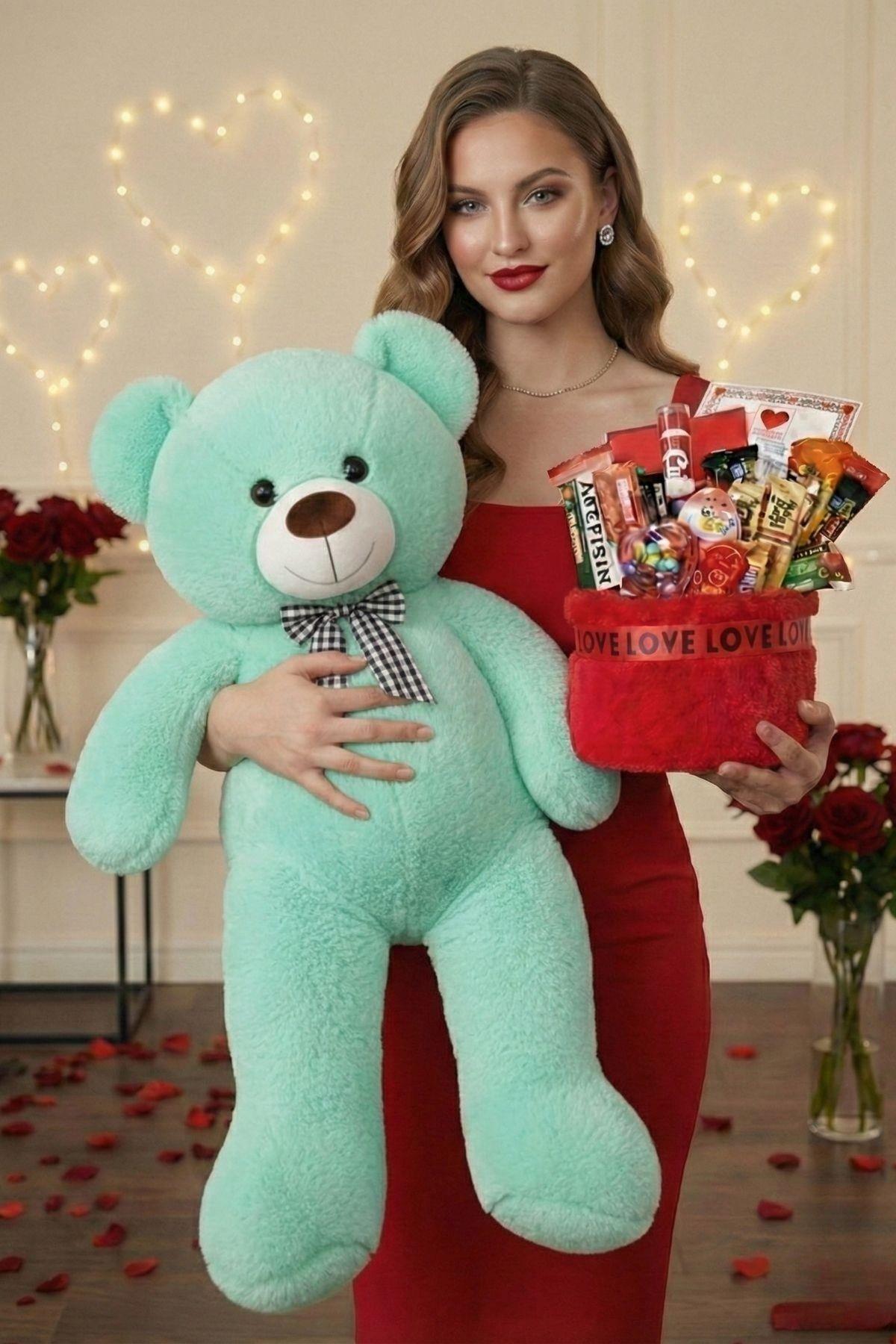 3’lü Kadınlar Günü Hediye Seti | 90 Cm Peluş Ayı, Love Çikolata Sepeti & Mavi Peluş Ayıcık Buketi