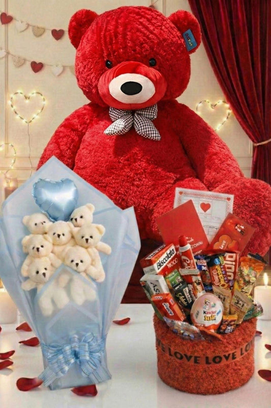 3’lü Kadınlar Günü Hediye Seti | 90 Cm Peluş Ayı, Love Çikolata Sepeti & Mavi Peluş Ayıcık Buketi