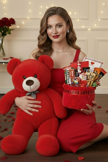 3’lü Kadınlar Günü Hediye Seti | 90 Cm Peluş Ayı, Love Çikolata Sepeti & Mavi Peluş Ayıcık Buketi