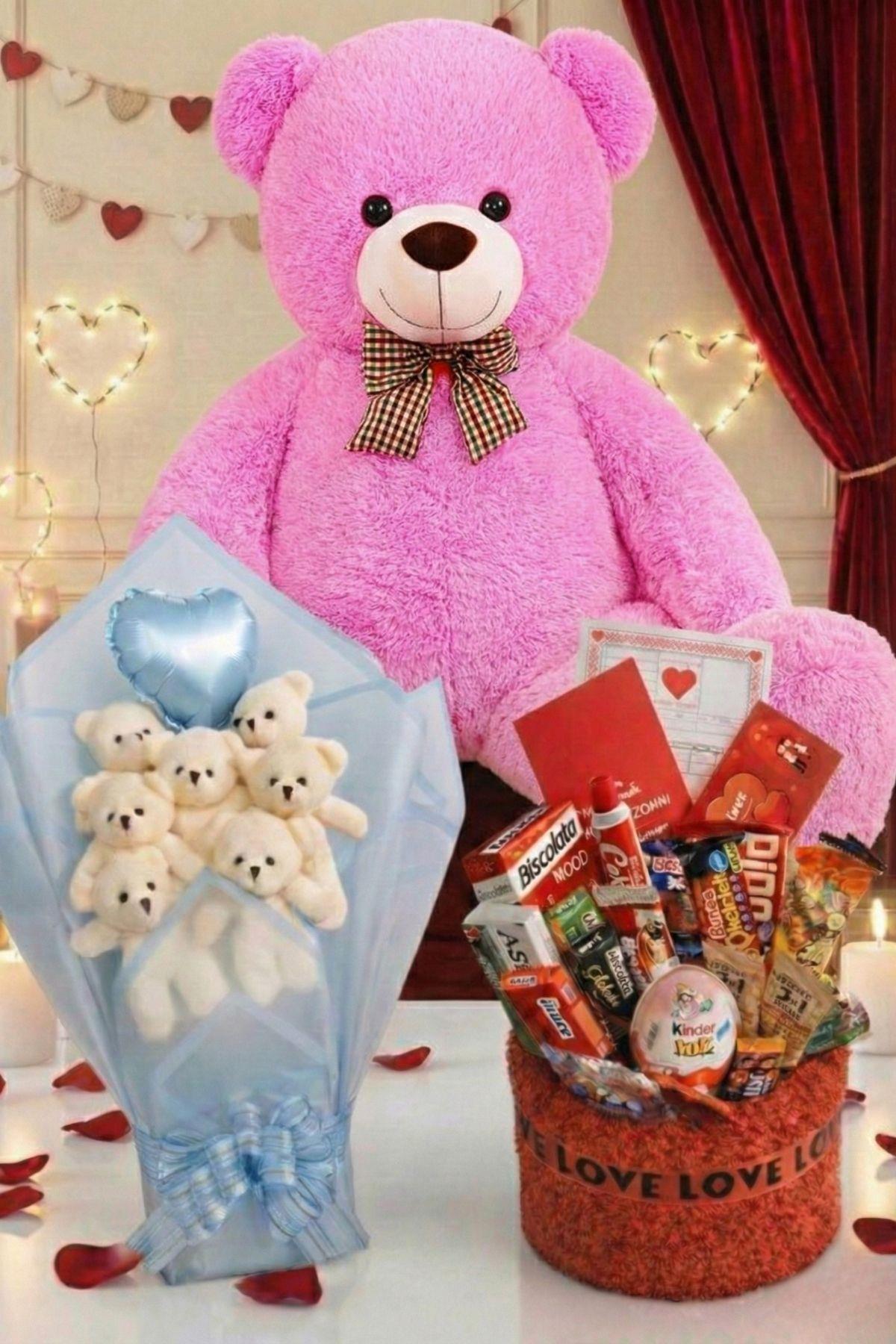 3’lü Kadınlar Günü Hediye Seti | 90 Cm Peluş Ayı, Love Çikolata Sepeti & Mavi Peluş Ayıcık Buketi