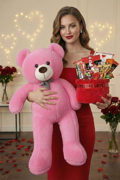 3’lü Kadınlar Günü Hediye Seti | 90 Cm Peluş Ayı, Love Çikolata Sepeti & Mavi Peluş Ayıcık Buketi