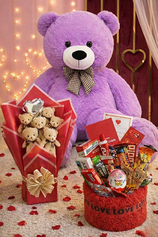 Kadınlar Günü Hediye Seti Sevgiliye Kıza 90 Cm Peluş Ayı, Ayıcık Buketi & Çikolata Sepeti Hediyesi