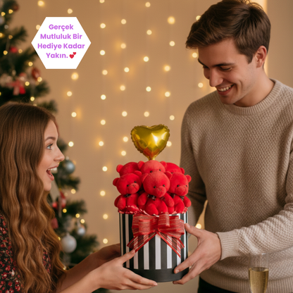 Premium Silindir Hediye Kutusunda, Kalpli Balonlu 6’lı Kırmızı Ayıcık Buketi