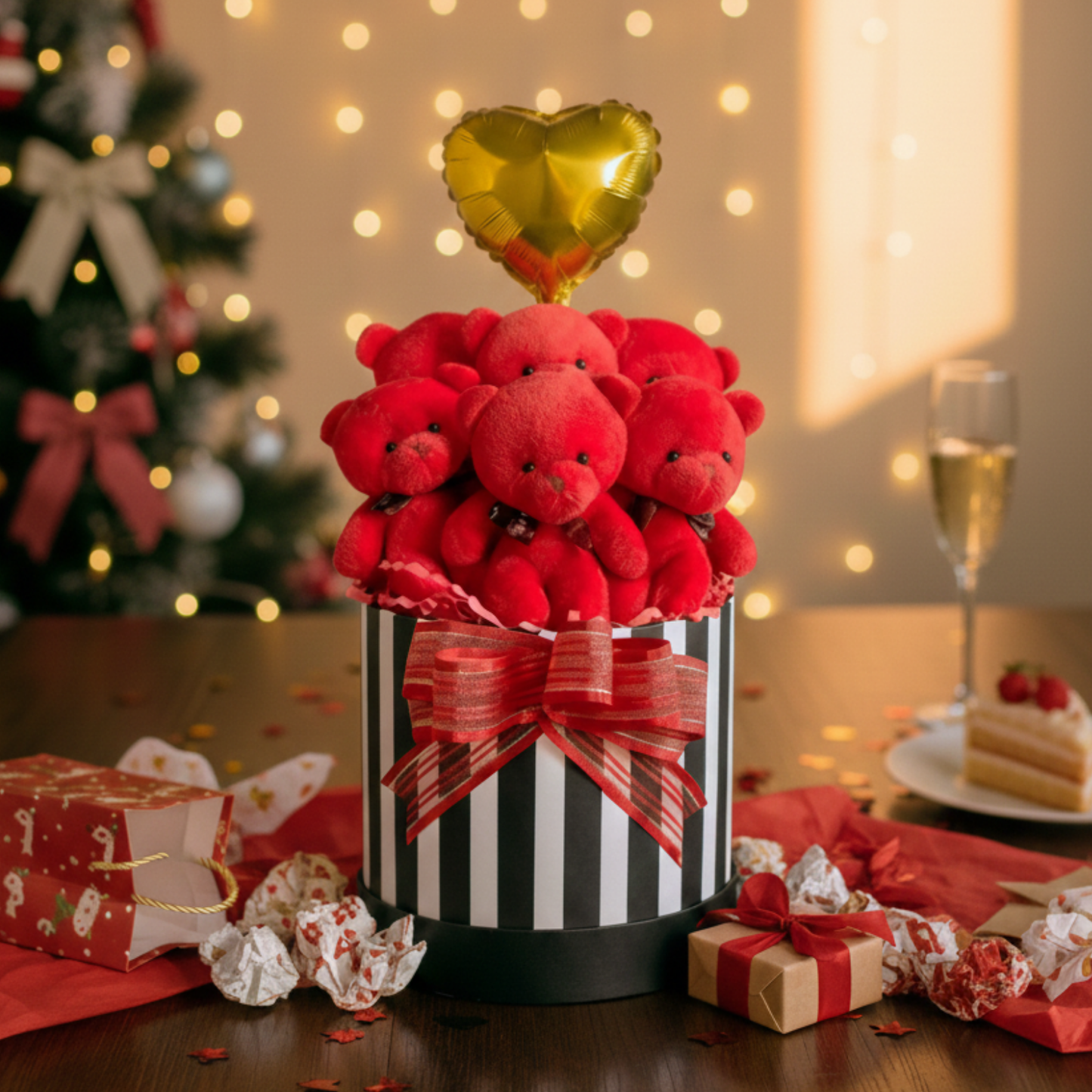 Premium Silindir Hediye Kutusunda, Kalpli Balonlu 6’lı Kırmızı Ayıcık Buketi